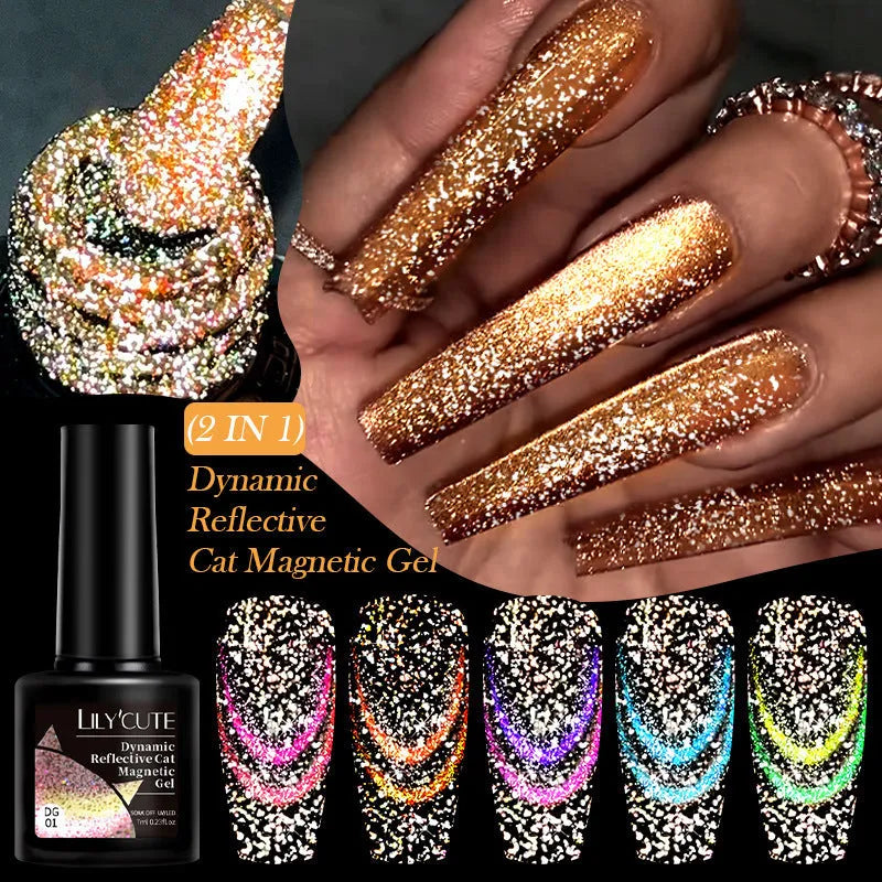 Cat eye UV gel nail polish bottles showing six fluorescent colours with diamond glitter fragments