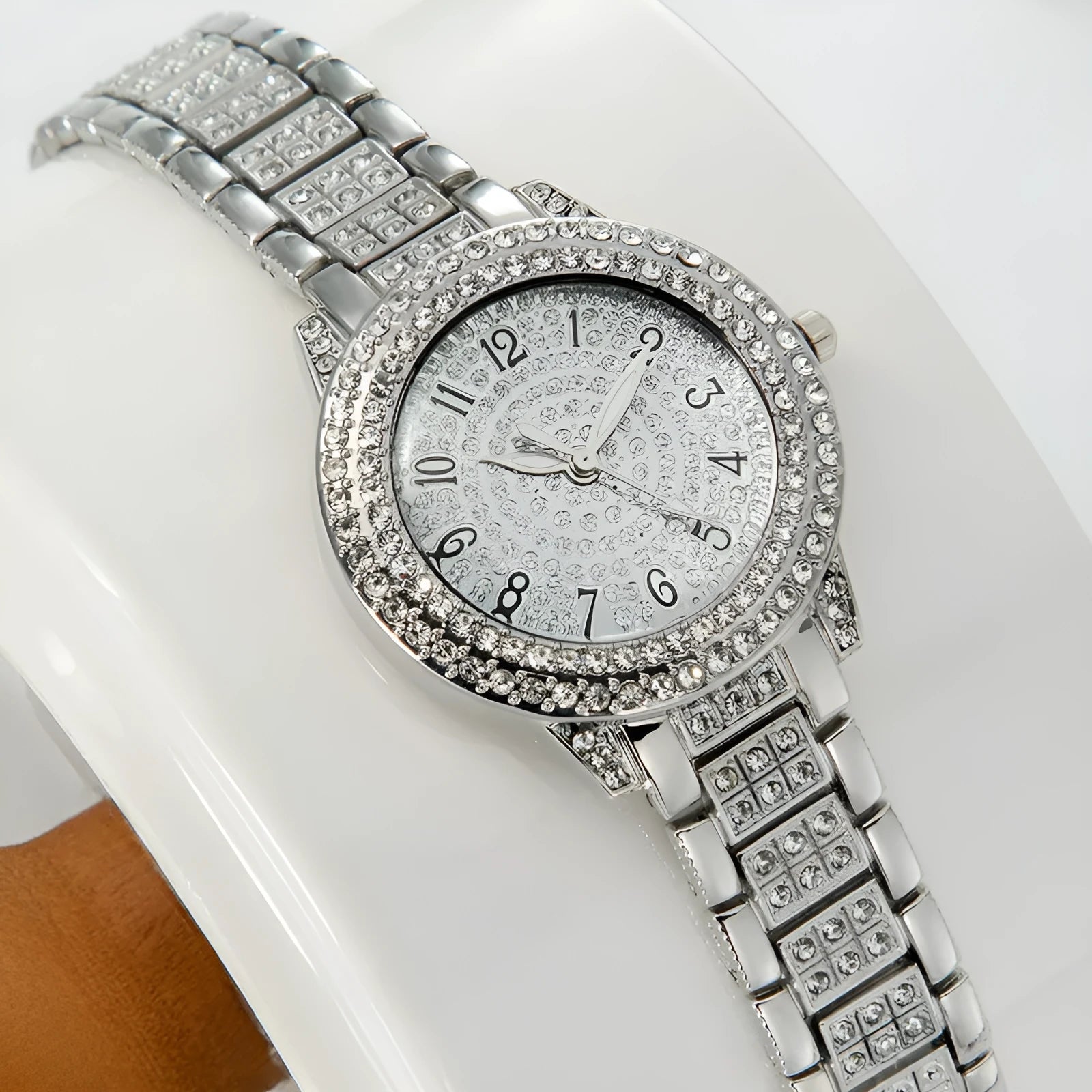 Women's starry rhinestone watch with quartz movement, alloy case, and Roman numeral dial in silver finish