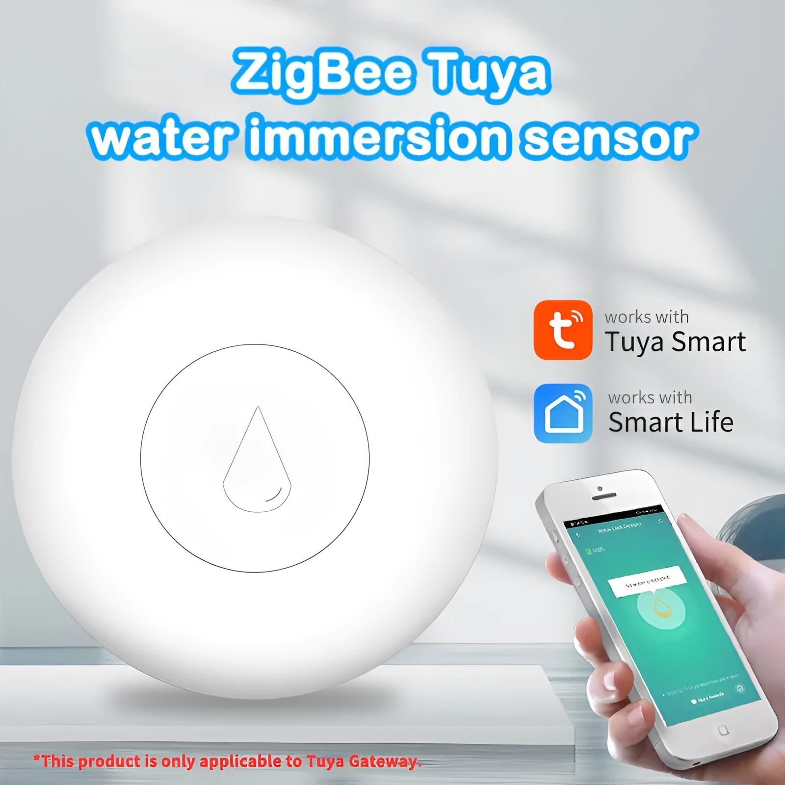 Compact white Zigbee wireless water leak sensor with FCC/CE markings on PC housing.