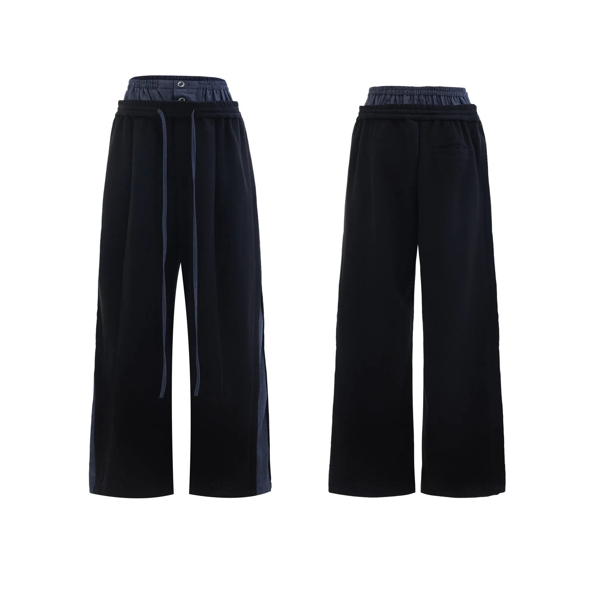 Men's black polyester sports suit with hooded short sleeve jacket and matching trousers laid flat