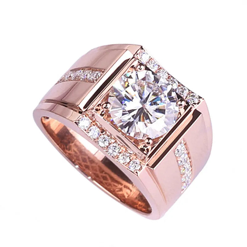 Men's geometric imitation moissanite ring with an adjustable open mouth band in a rose gold finish.