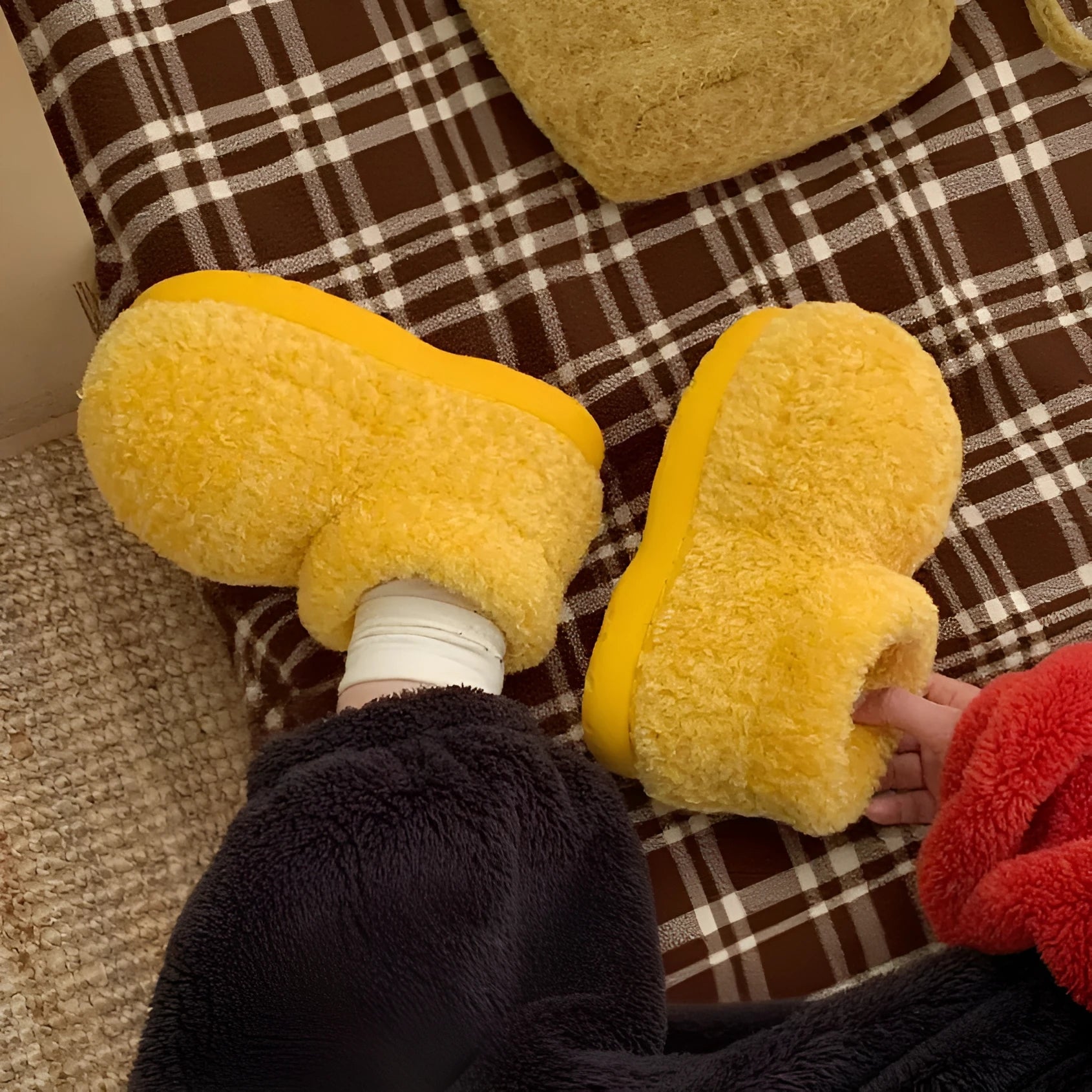 Women's furry boots in solid colour, suede upper, rubber sole, deep mouth design, red or yellow, sizes 36-41