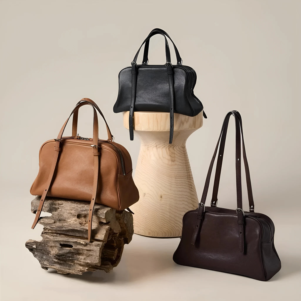 Women's retro genuine leather shoulder bag in horizontal square design with double joint straps