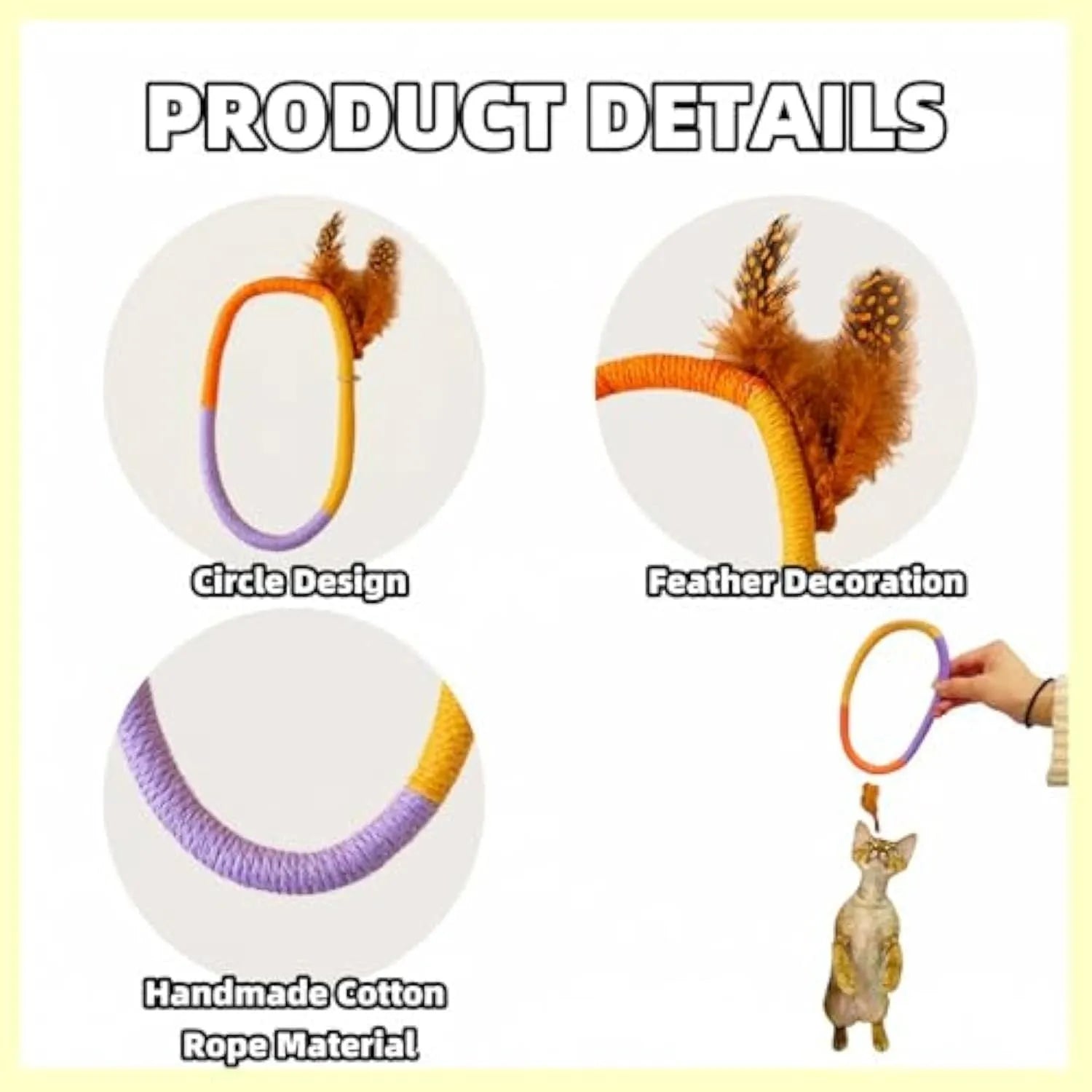 Green cotton rope circular cat toy with feathers and catnip for chewing and interactive play