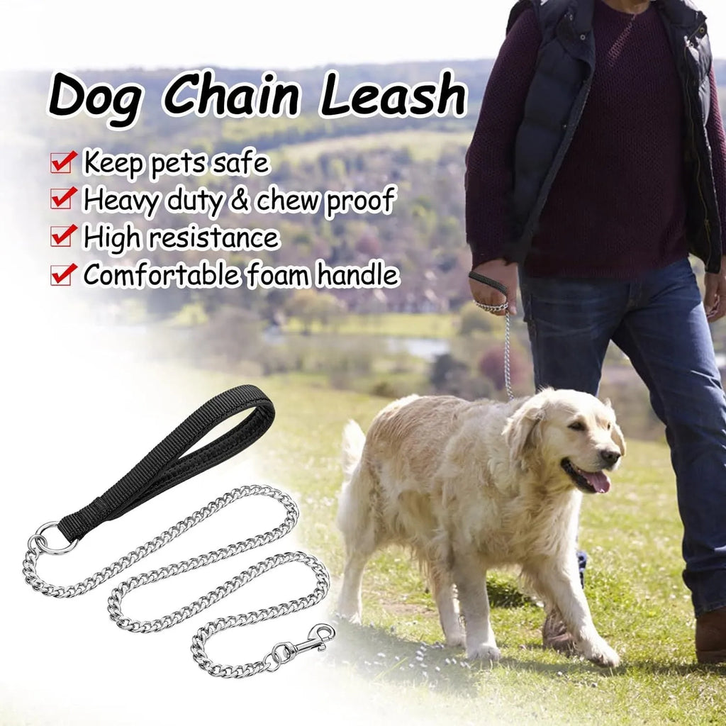 Heavy duty metal dog leash with soft padded handle and chew-proof chain in black, blue, or red.