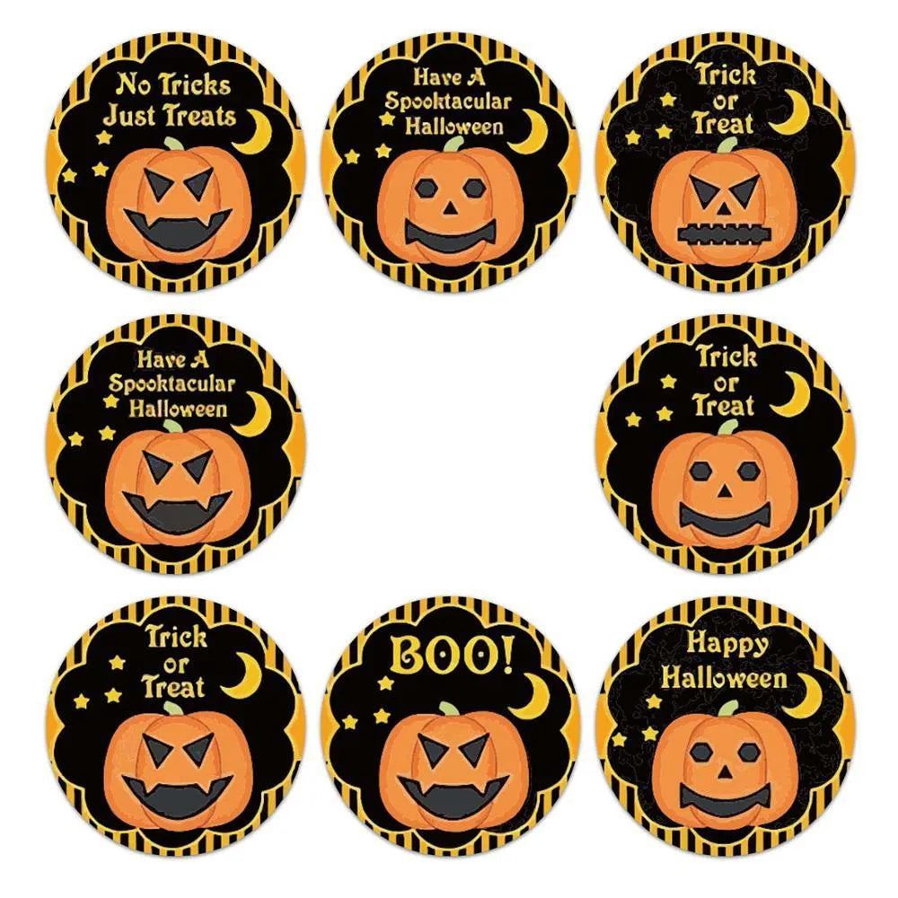 Roll of 500 Halloween pumpkin pattern PVC stickers in candy colours, each 2.5 cm diameter