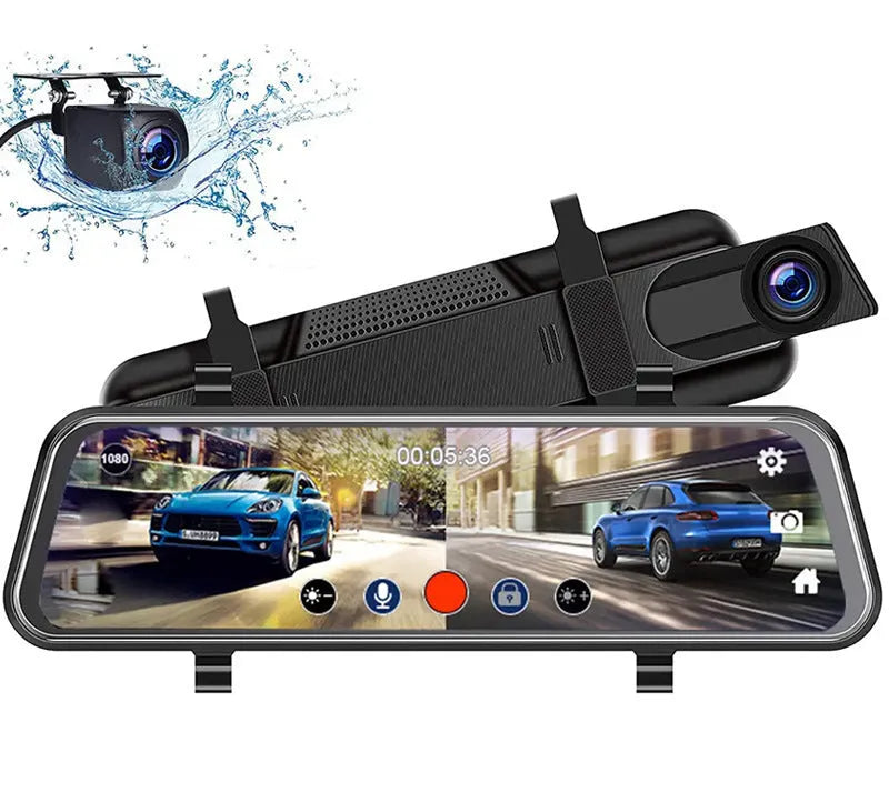 10-inch full-screen dash cam with front and rear dual lenses displaying road footage on its touchscreen