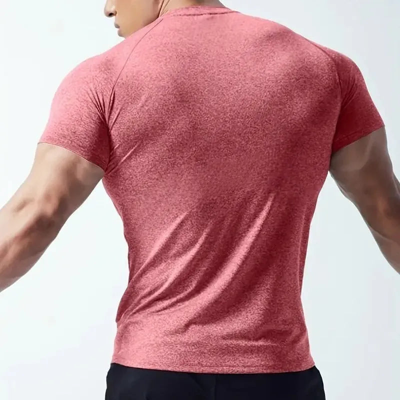 Men's quick-dry stretch running t-shirt in black, gray, green or pink with round neck and short sleeves