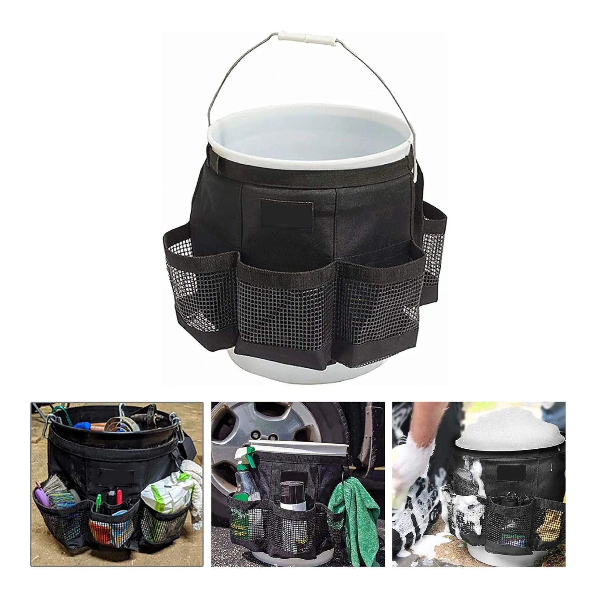 Black cylindrical polyester storage bag hanging on a 5 gallon barrel for tools and toiletries.
