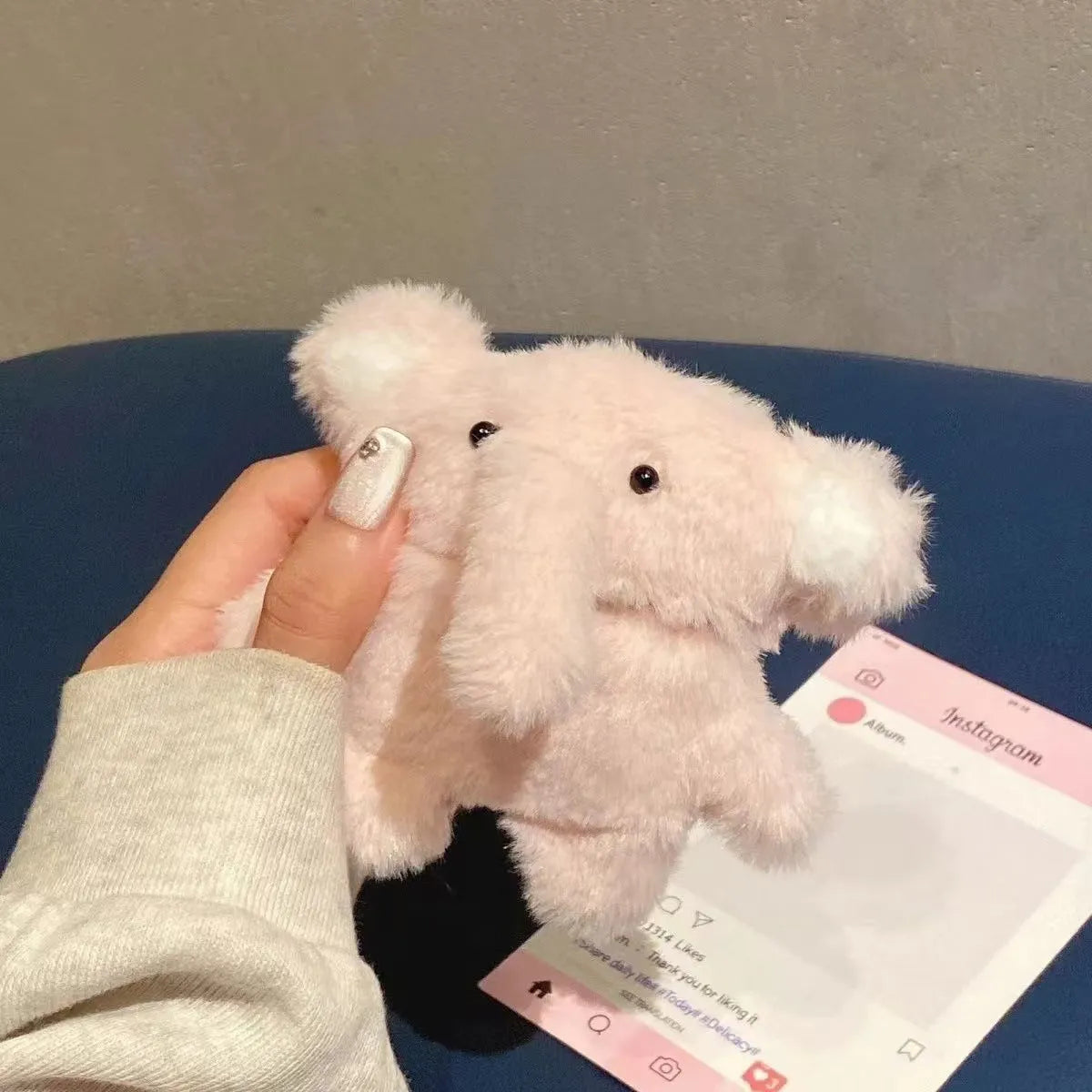 Pink plush baby elephant wireless Bluetooth earbuds case for AirPods, flannel fabric with cartoon design