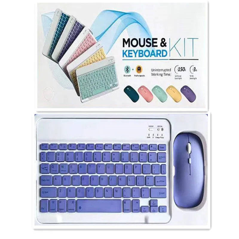 10-inch solid colour Bluetooth keyboard and rechargeable dual-mode mouse set on a desk.