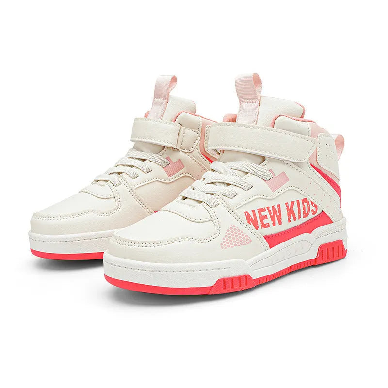 Children's street sneakers with buckle closure in beige green, blue, white and purple, or white powder.