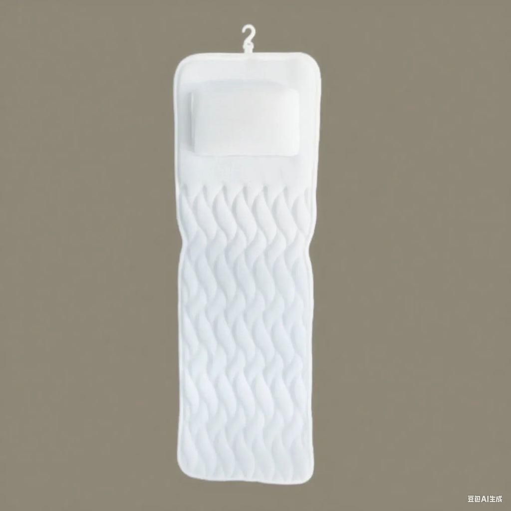 White 4D mesh bathtub pillow with multiple suction cups on a light luxury styled bath mat.
