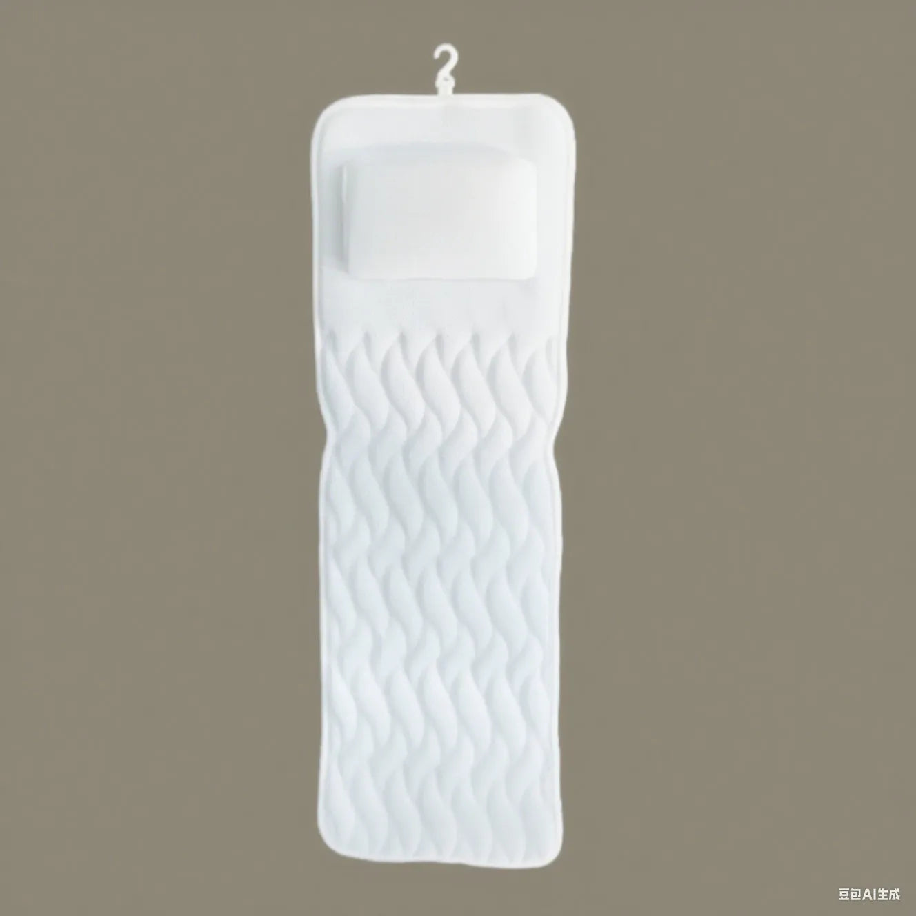 White 4D mesh bathtub pillow with multiple suction cups on a light luxury styled bath mat.