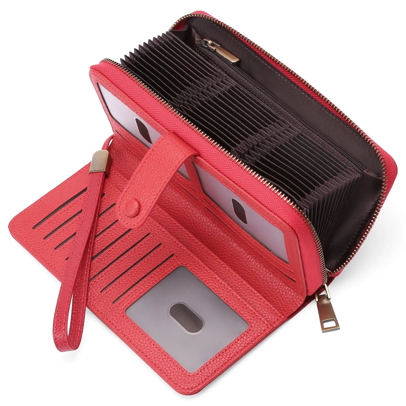 Women's long expanding card holder wallet in synthetic leather with anti-theft swiping feature