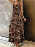 Dark brown leopard print sleeveless dress with round neck and mid waist hip skirt design
