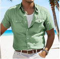 Men's solid colour cotton linen shirt with polo collar and long sleeves in loose fit.