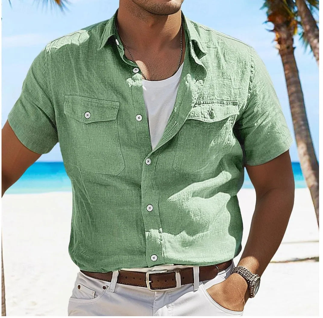 Men's solid colour cotton linen shirt with polo collar and long sleeves in loose fit.
