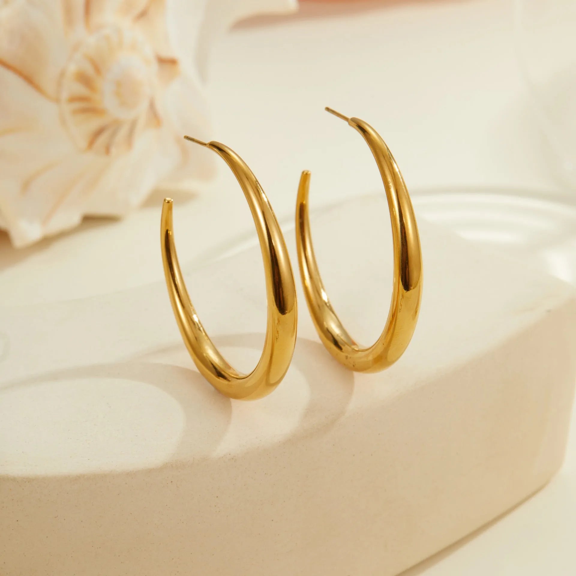 Women's stainless steel hoop earrings with 18K PVD gold plating in geometric round design