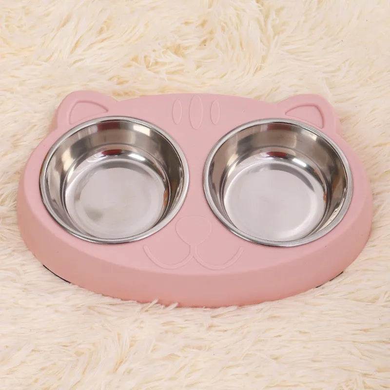 Stainless steel cat face bowl for feeding cats, available in blue, green, and pink