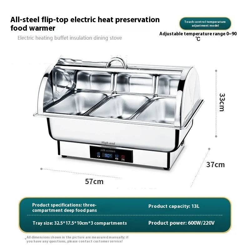 Stainless steel electric buffet stove with transparent flip lid and LCD temperature control screen.