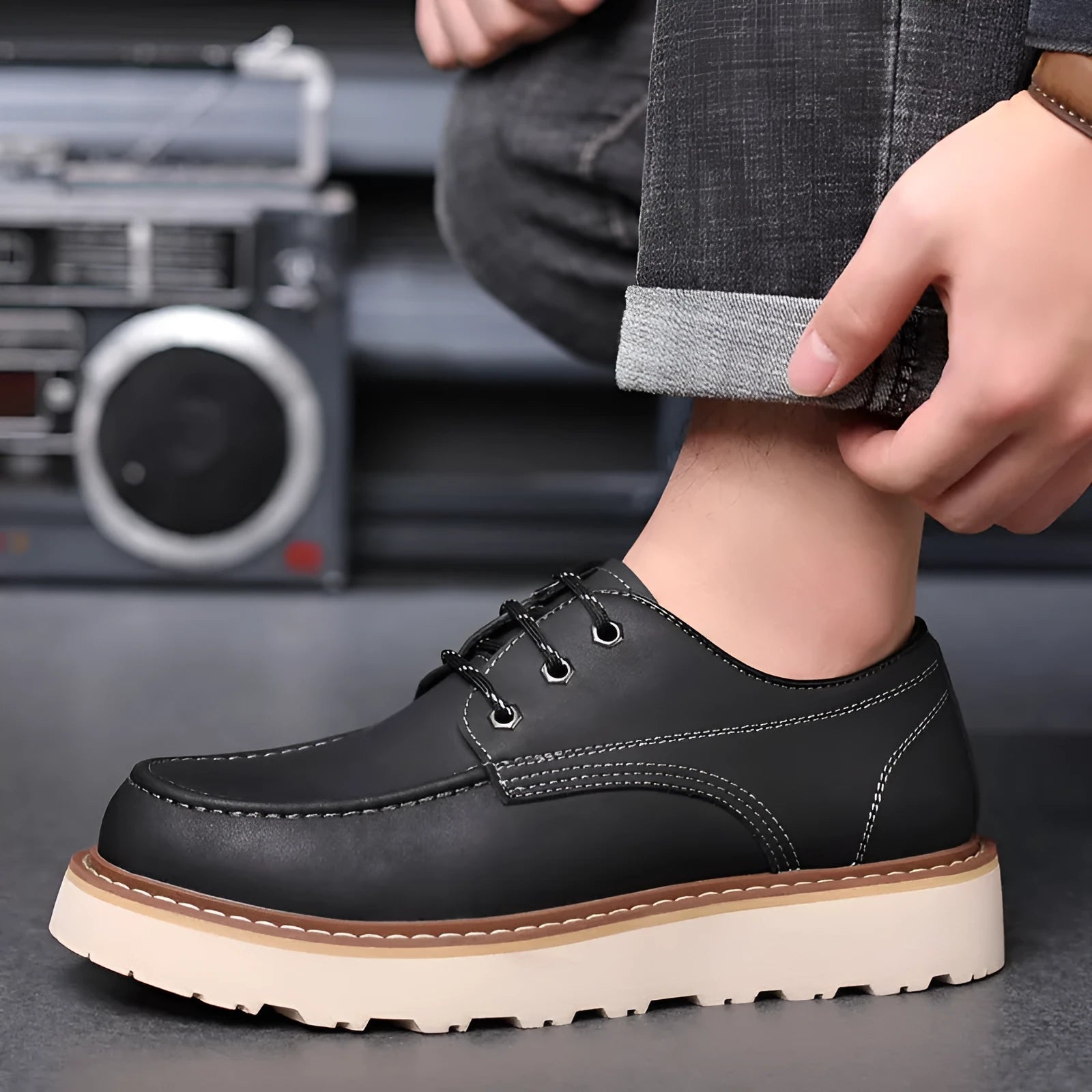 Men's black retro Martin low-top boots with round toe and rubber sole