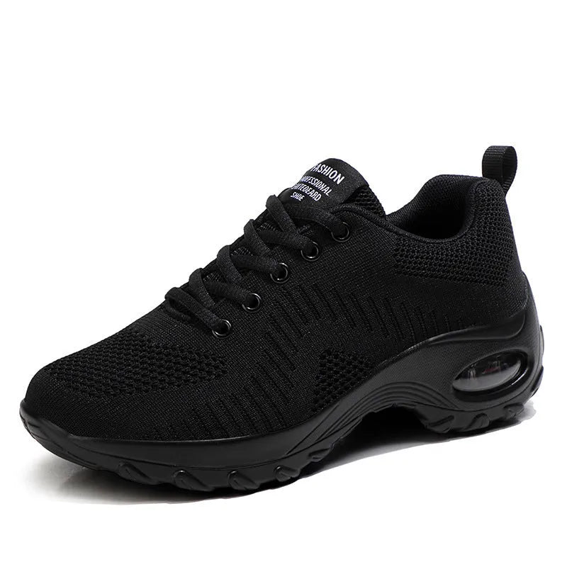 Women's red and black mesh sneakers with round toe and front lace-up design