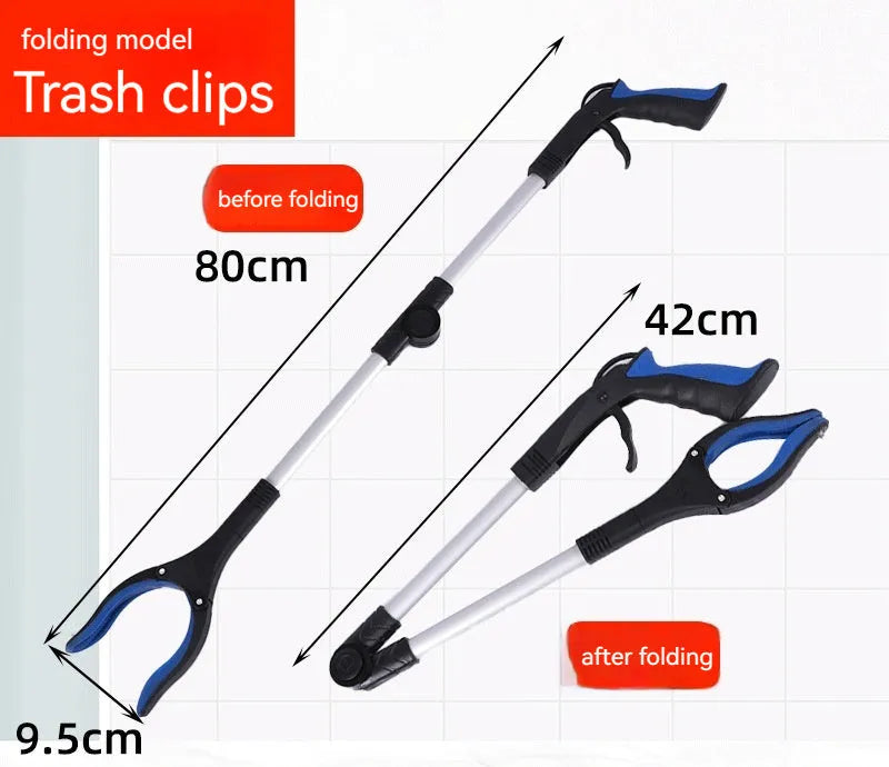 Folding aluminium rubbish clamp with magnetic tip, shown extended and collapsed, with blue handle option.