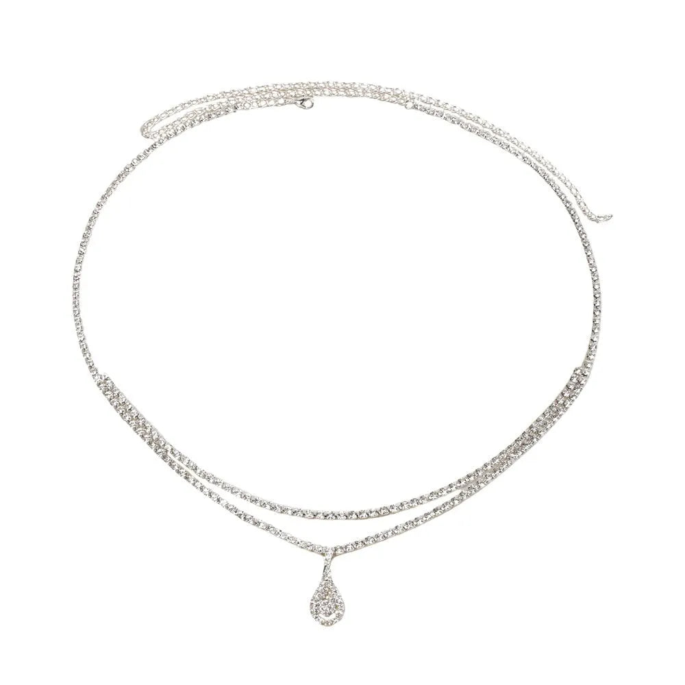 Gold or silver water drop pendant waist chain for women with rhinestone and tassel accents, lobster clasp