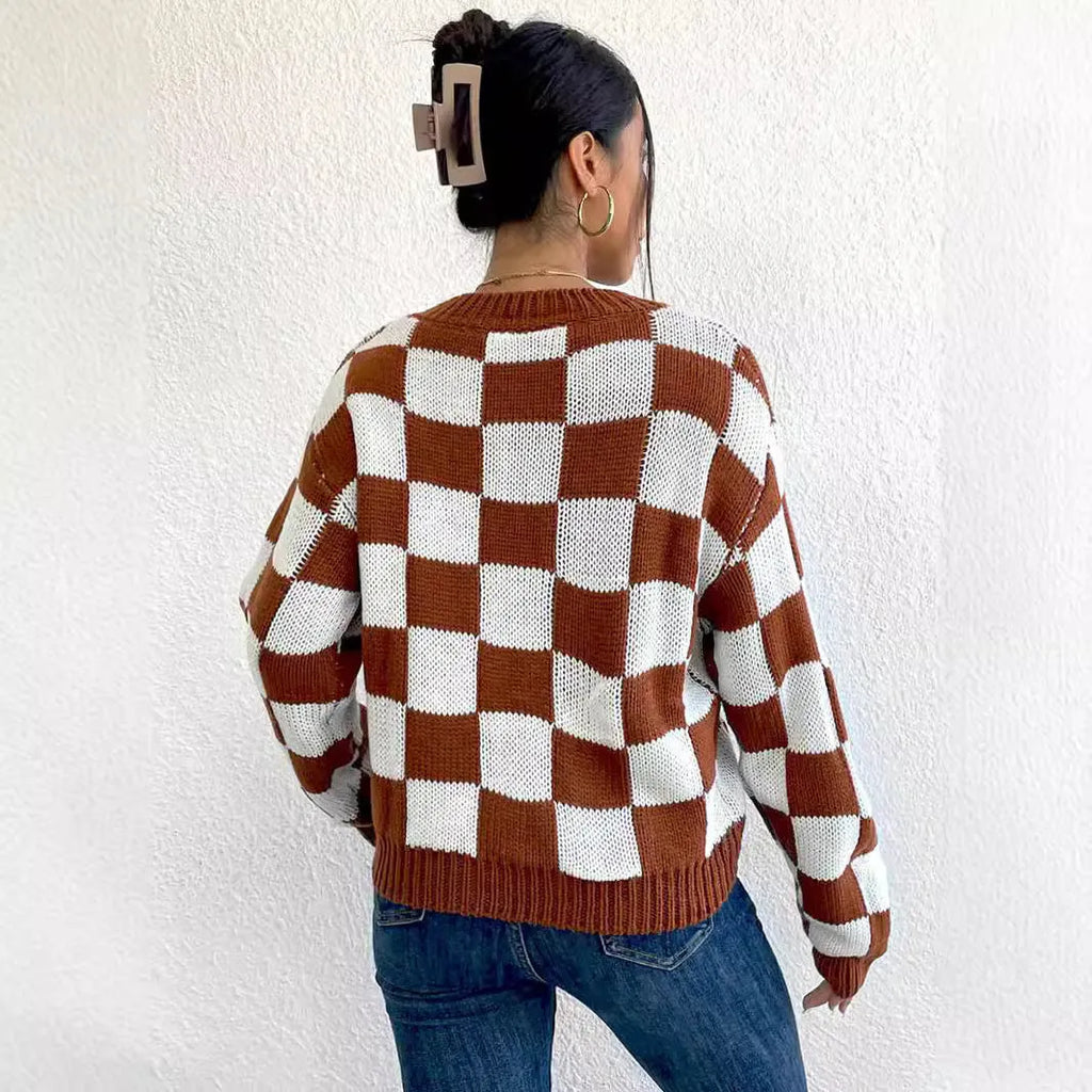 Dark brown acrylic pullover sweater with plaid chessboard pattern, loose round neck, and long sleeves