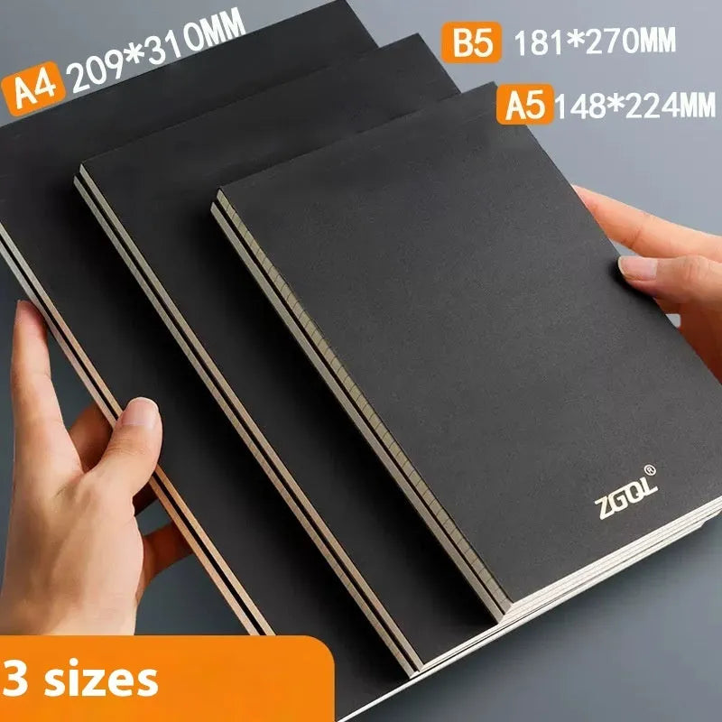 Set of A5, B5 and A4 writing pads with blank, grid and lined paper options showing tearable pages