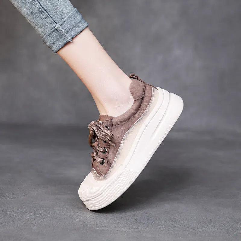 Women's yellow and cameo brown cow leather lace-up casual shoes with round toe and rubber soles