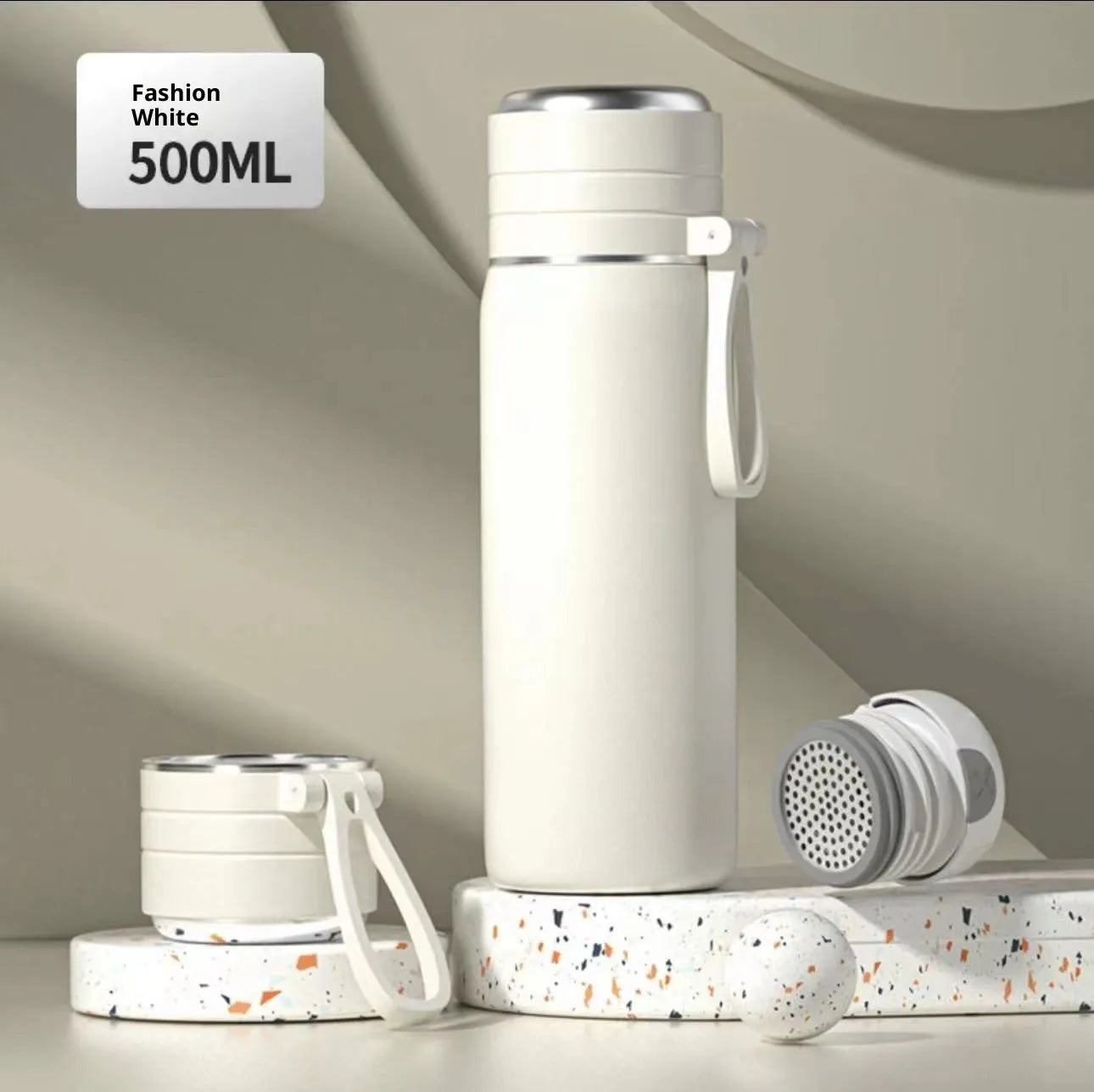316 stainless steel food grade thermos cup with tea and water separation, 500ml capacity, beige colour