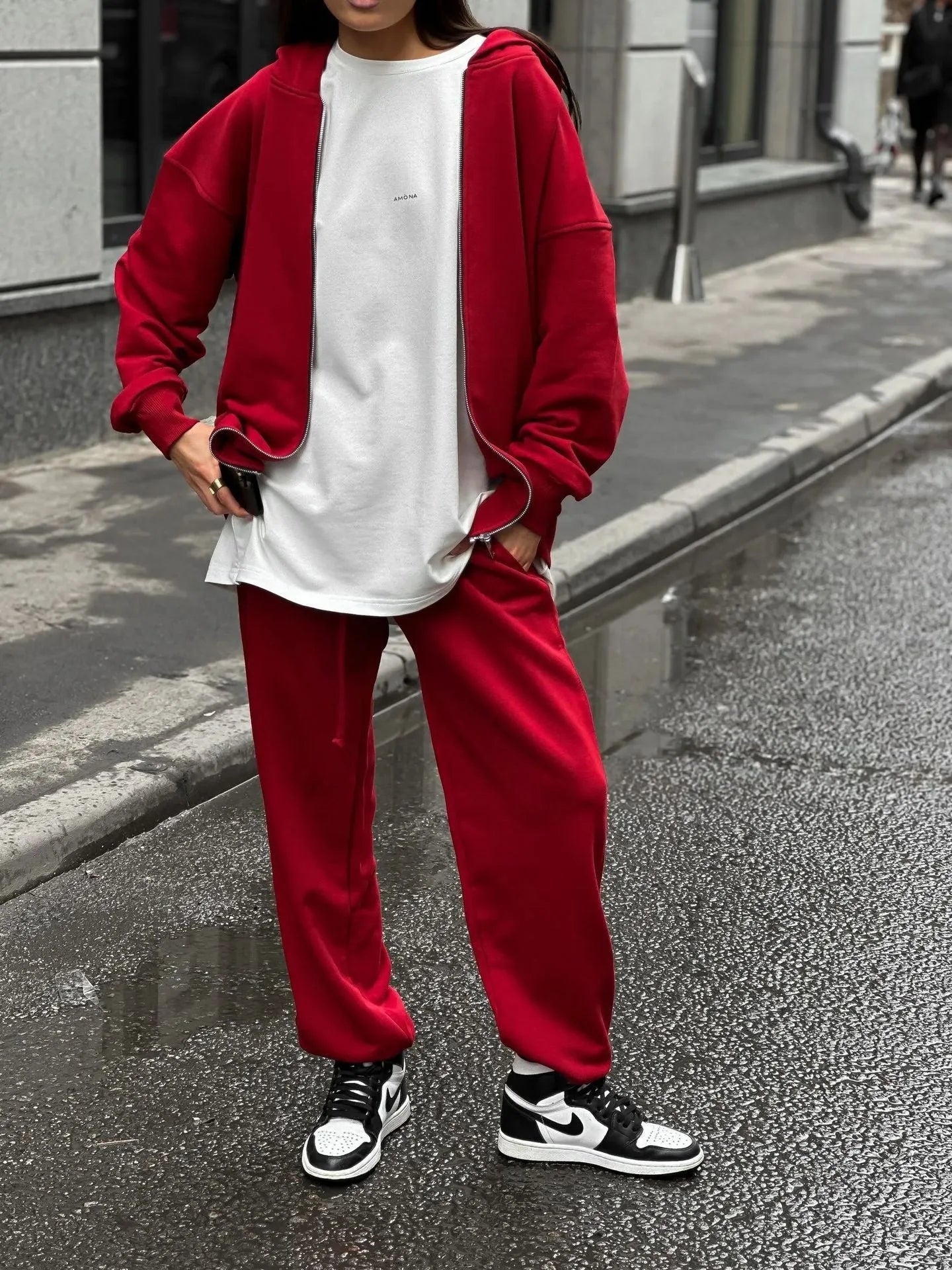 Street style two-piece set featuring long-sleeved coat and matching trousers in loose fit