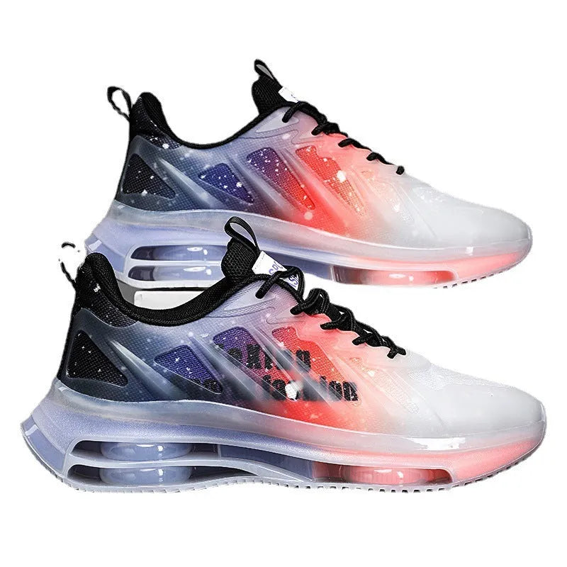 Men's black and green heightened platform casual shoes with mesh upper and rubber sole