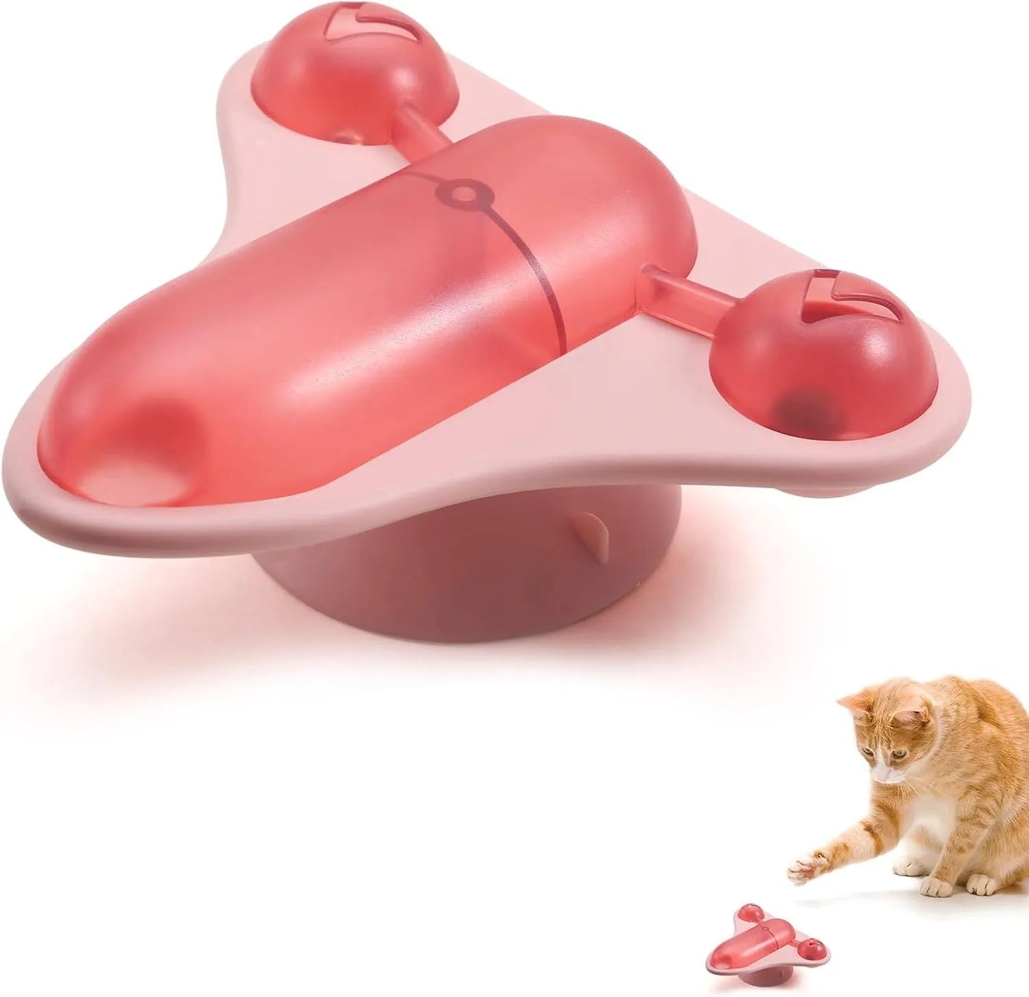 Blue interactive pet puzzle toy with airplane cabin, bell, and catnip compartment on a suction cup base.