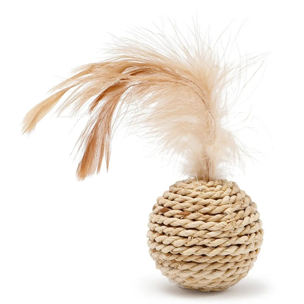 Two cat toy balls: hollow rattan sphere and faux feather ball with bell