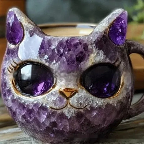 Decorative cat-shaped geode mug resin craft with crystal detailing in pastoral style