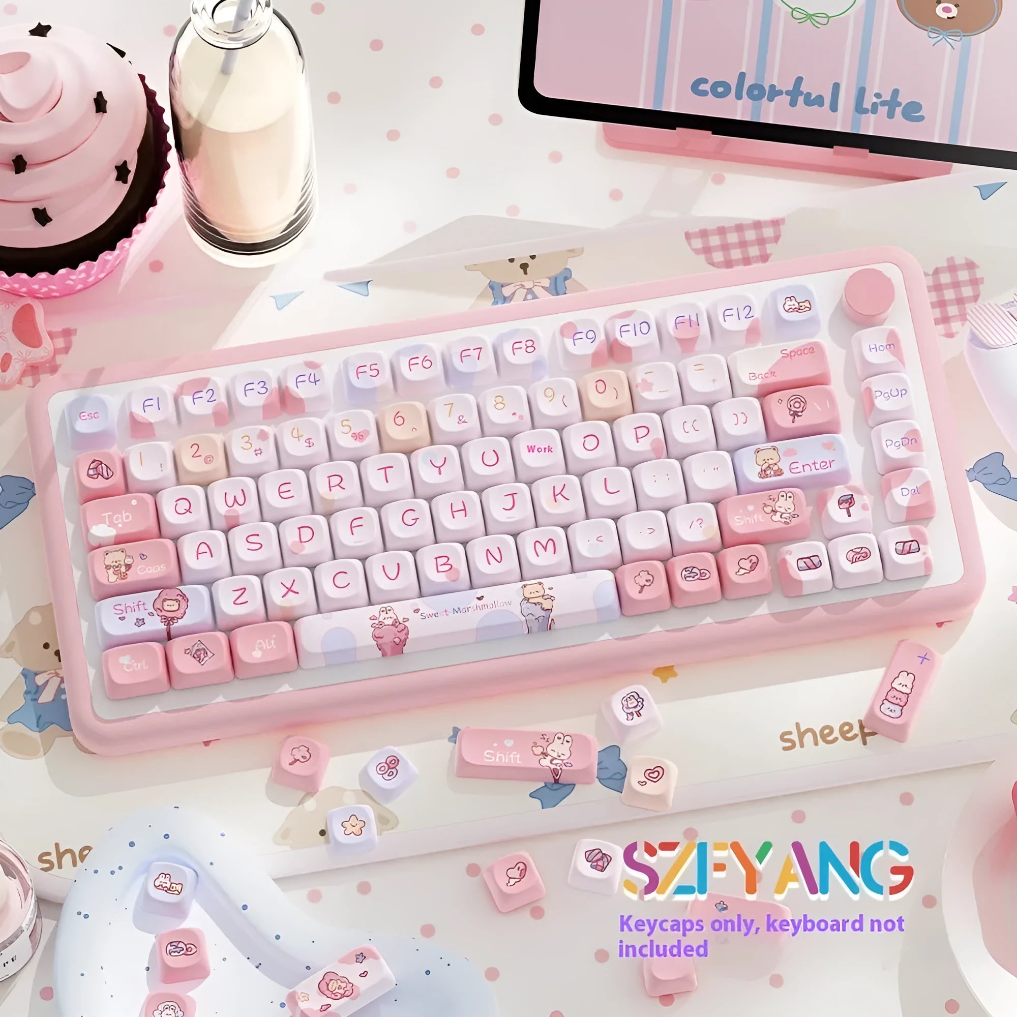 Sweet Cotton Candy colour PBT keycap set for mechanical keyboards showing 112-key and 120-key options