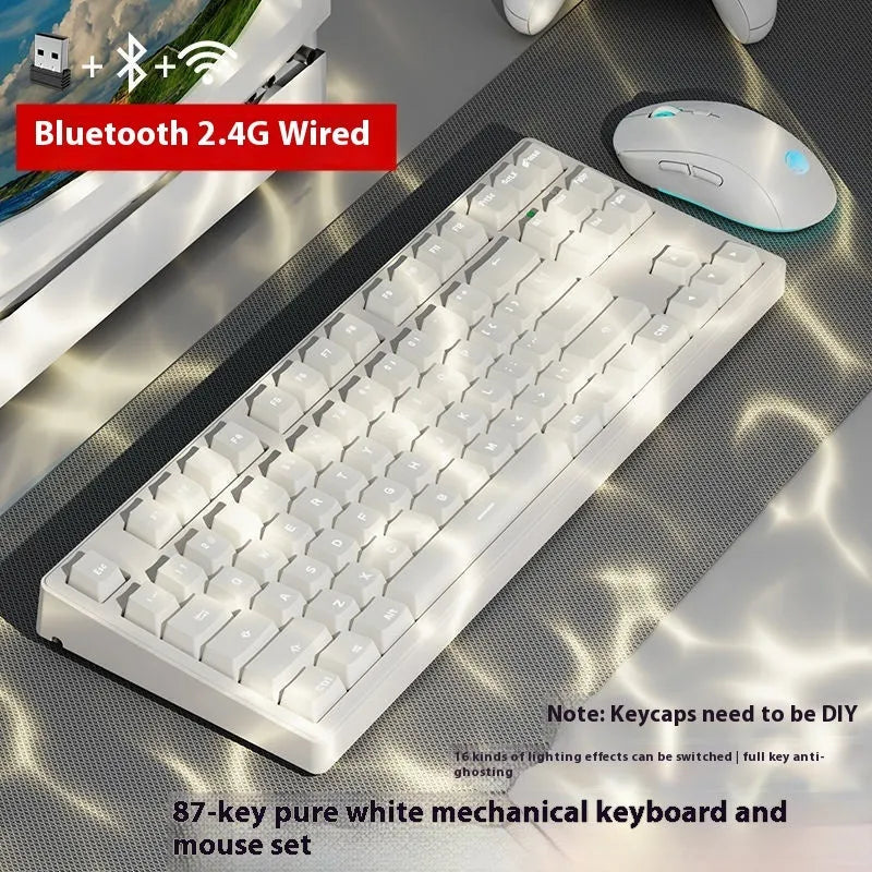 Wireless mechanical keyboard with three connection modes, shown in a choice of 87-key or 108-key layouts and various colour themes.