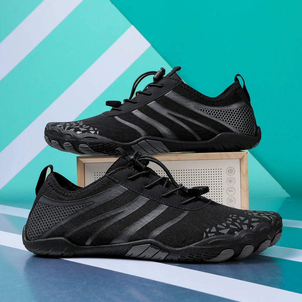 Casual running shoes with Lycra stretch fabric upper for beach and upstream sports, shown in neutral colours.