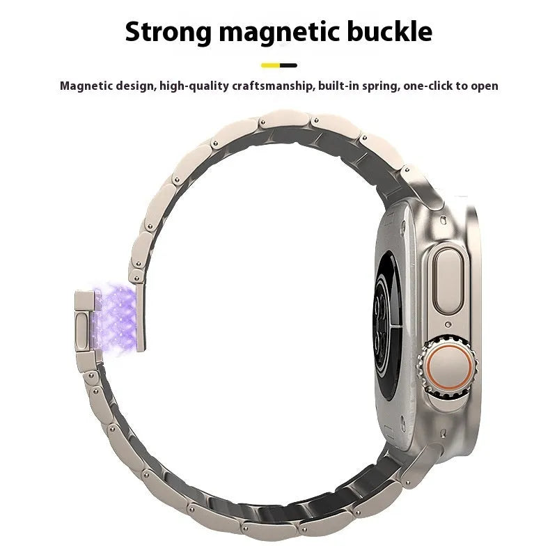Titanium alloy magnetic snap watch strap for Apple Watch in silver colour on a wrist