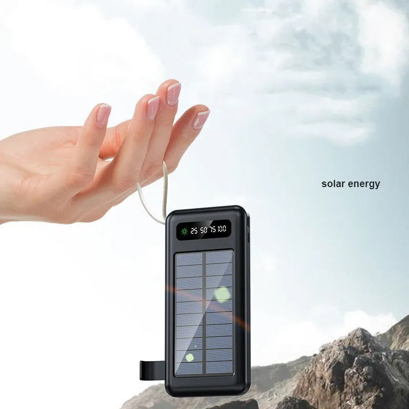 Black and white solar power bank showing front panel with solar cells and dimensions 144x68x16mm.