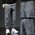 Japanese style workwear multi-pocket jeans in blue for men, mid-waist cotton trousers