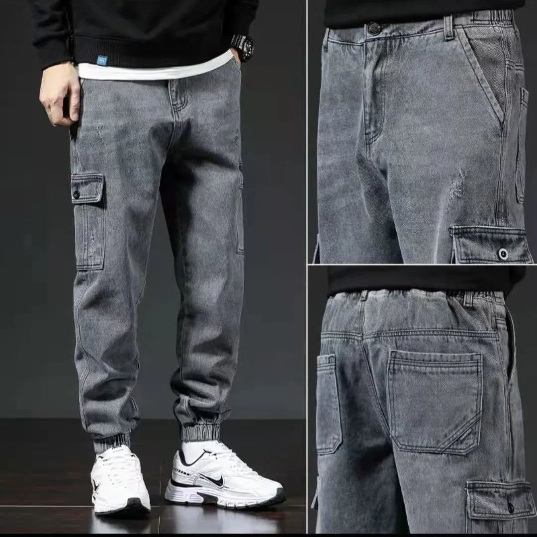 Japanese style workwear multi-pocket jeans in blue for men, mid-waist cotton trousers