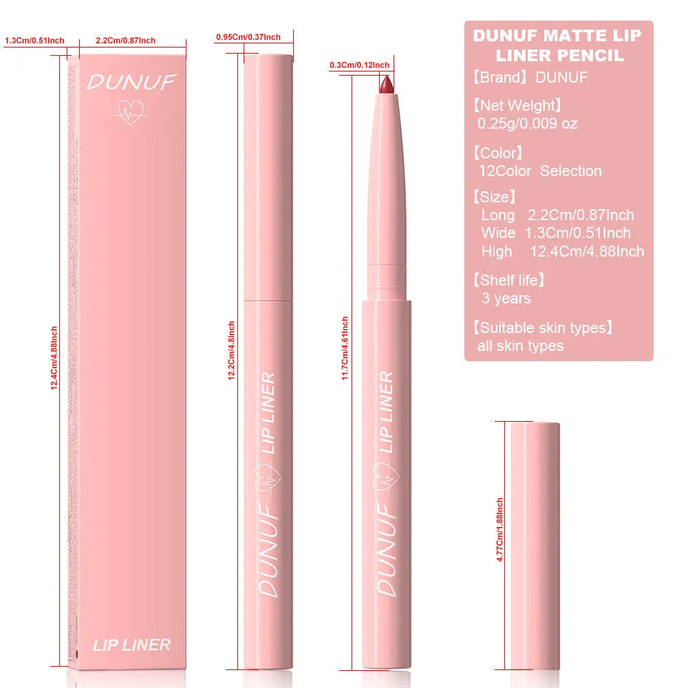 Velvet matte lip liner pencil in a choice of 12 colours for easy application.