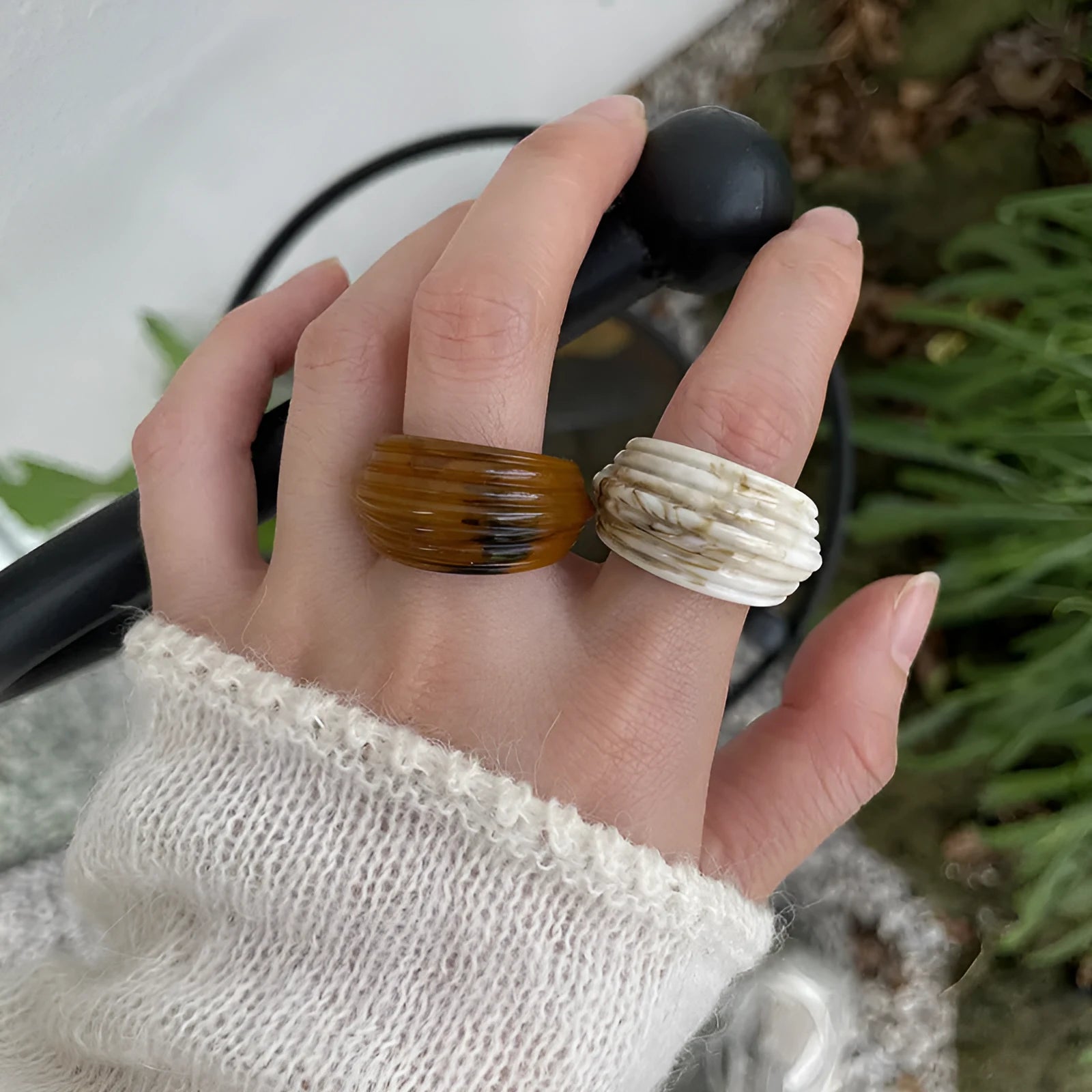 Chinese style geometric resin ring with irregular wide band design in brown and white colour options