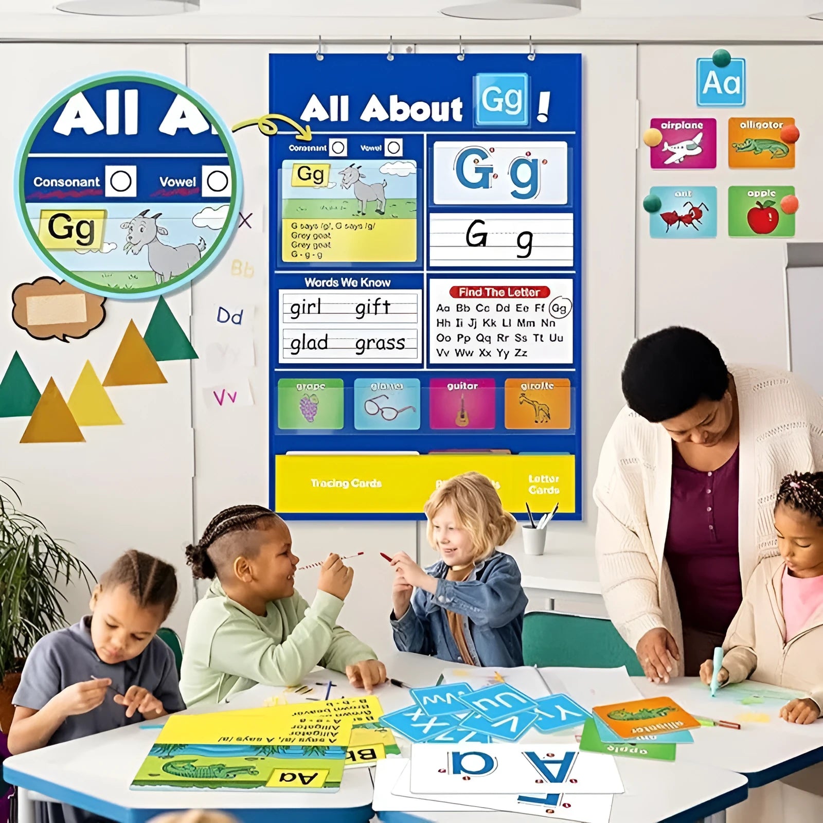 Alphabet learning table chart measuring 60x40cm with word, letter, picture and song cards for toddlers.