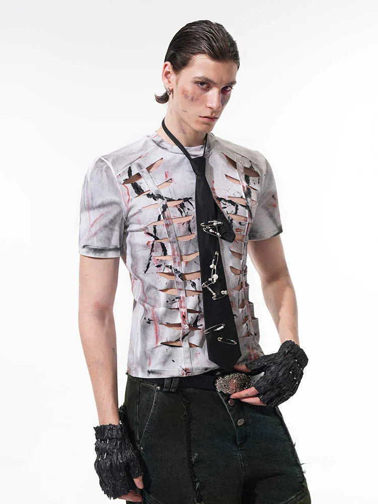 Men's white cotton t-shirt with hollow-out cut design, short sleeves, and tight fit on Asian sizing mannequin