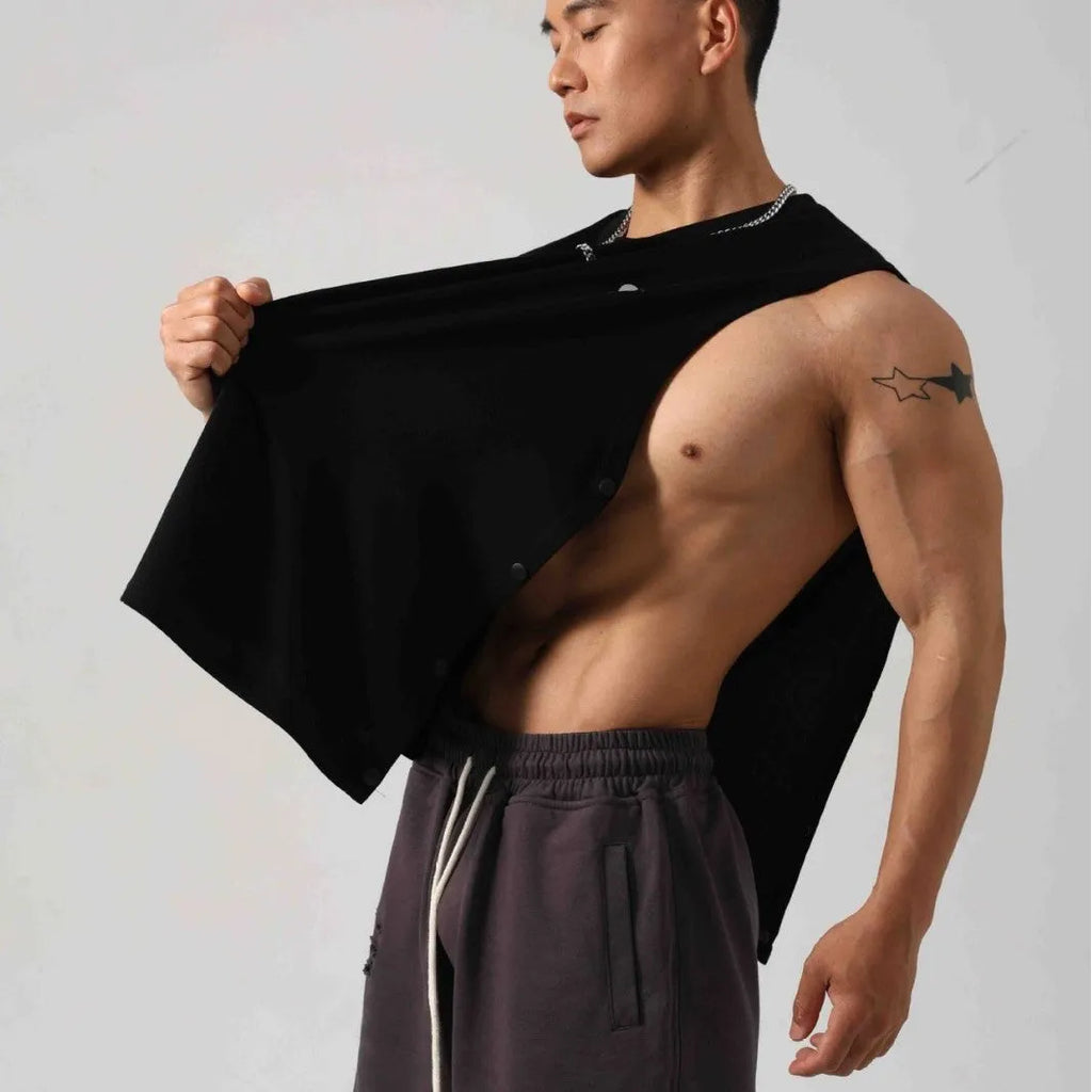 Korean style loose cotton fitness vest with hidden hook side openings in solid colour